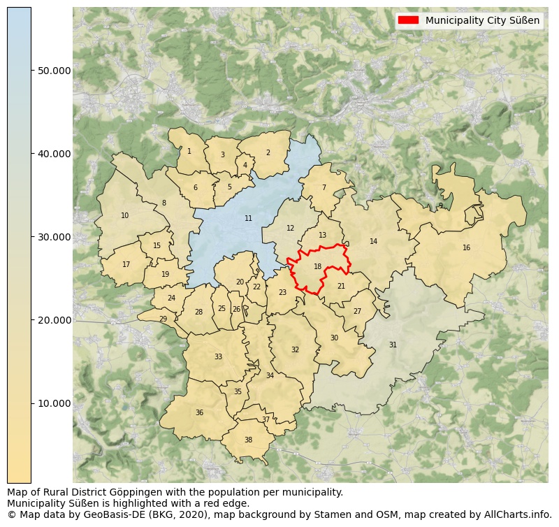 Map of Rural district Göppingen with the population per municipality.Municipality Süßen is highlighted with a red edge.. This page shows a lot of information about residents (such as the distribution by age groups, family composition, gender, native or German with an immigration background, ...), homes (numbers, types, price development, use, type of property, ...) and more (car ownership, energy consumption, ...) based on open data from the German Federal Agency for Cartography, the Federal Statistical Office (DESTATIS), the Regional Statistical Offices and various other sources!
