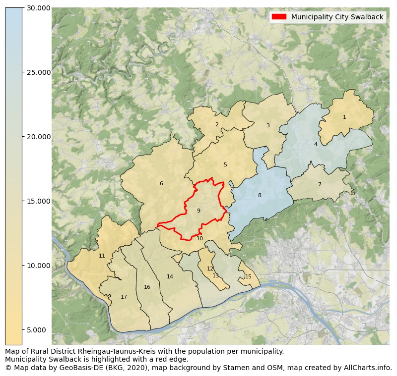 Map of Rural district Rheingau-Taunus-Kreis with the population per municipality.Municipality Swalback is highlighted with a red edge.. This page shows a lot of information about residents (such as the distribution by age groups, family composition, gender, native or German with an immigration background, ...), homes (numbers, types, price development, use, type of property, ...) and more (car ownership, energy consumption, ...) based on open data from the German Federal Agency for Cartography, the Federal Statistical Office (DESTATIS), the Regional Statistical Offices and various other sources!