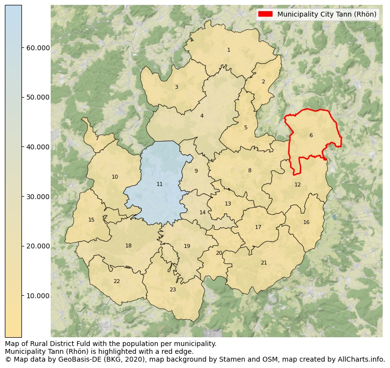 Map of Rural district Fuld with the population per municipality.Municipality Tann (Rhön) is highlighted with a red edge.. This page shows a lot of information about residents (such as the distribution by age groups, family composition, gender, native or German with an immigration background, ...), homes (numbers, types, price development, use, type of property, ...) and more (car ownership, energy consumption, ...) based on open data from the German Federal Agency for Cartography, the Federal Statistical Office (DESTATIS), the Regional Statistical Offices and various other sources!