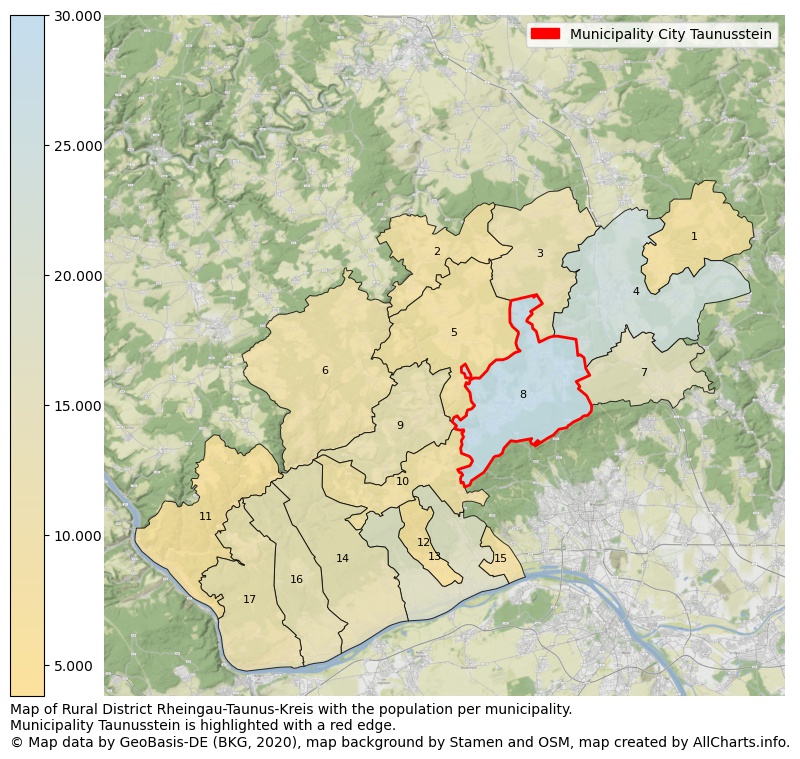 Map of Rural district Rheingau-Taunus-Kreis with the population per municipality.Municipality Taunusstein is highlighted with a red edge.. This page shows a lot of information about residents (such as the distribution by age groups, family composition, gender, native or German with an immigration background, ...), homes (numbers, types, price development, use, type of property, ...) and more (car ownership, energy consumption, ...) based on open data from the German Federal Agency for Cartography, the Federal Statistical Office (DESTATIS), the Regional Statistical Offices and various other sources!