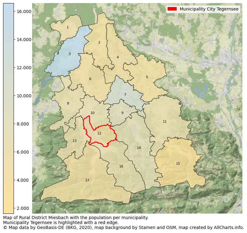 Map of Rural district Miesbach with the population per municipality.Municipality Tegernsee is highlighted with a red edge.. This page shows a lot of information about residents (such as the distribution by age groups, family composition, gender, native or German with an immigration background, ...), homes (numbers, types, price development, use, type of property, ...) and more (car ownership, energy consumption, ...) based on open data from the German Federal Agency for Cartography, the Federal Statistical Office (DESTATIS), the Regional Statistical Offices and various other sources!