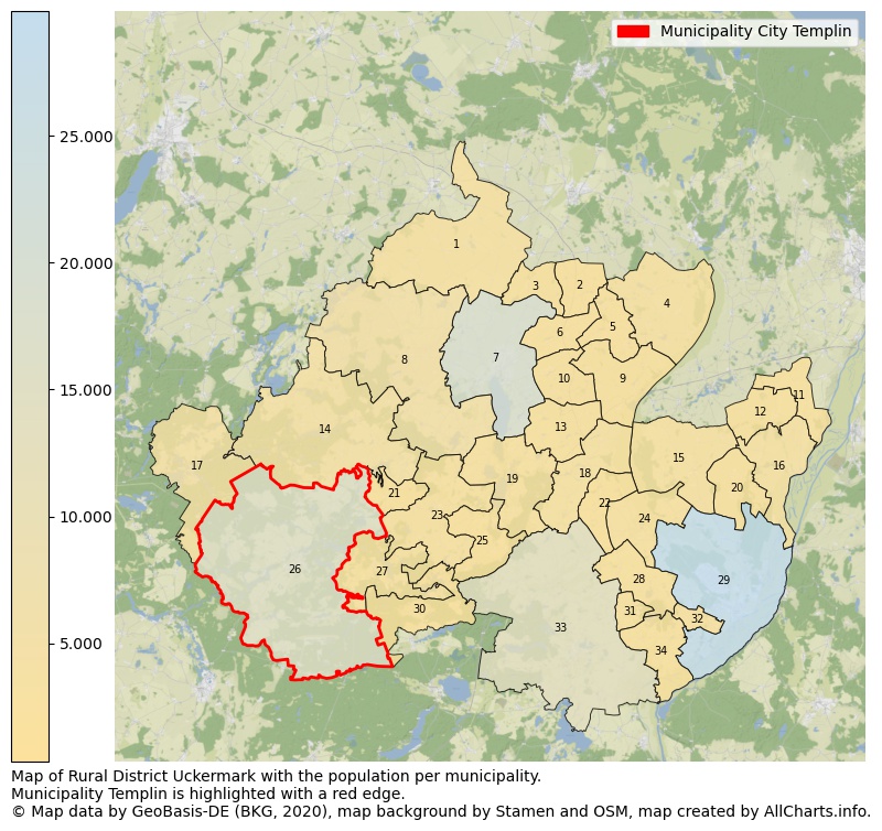 Map of Rural district Uckermark with the population per municipality.Municipality Templin is highlighted with a red edge.. This page shows a lot of information about residents (such as the distribution by age groups, family composition, gender, native or German with an immigration background, ...), homes (numbers, types, price development, use, type of property, ...) and more (car ownership, energy consumption, ...) based on open data from the German Federal Agency for Cartography, the Federal Statistical Office (DESTATIS), the Regional Statistical Offices and various other sources!