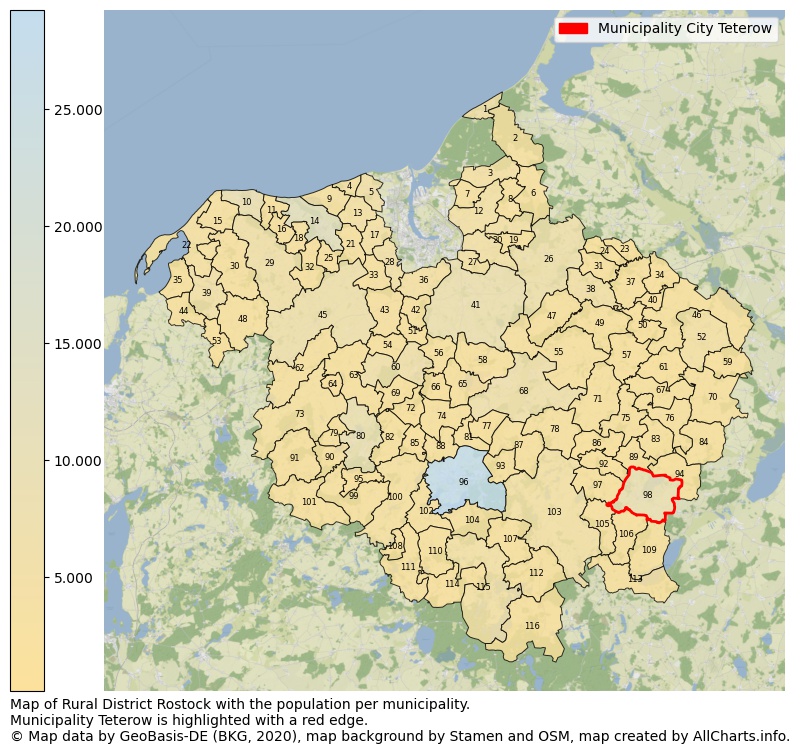 Map of Rural district Rostock with the population per municipality.Municipality Teterow is highlighted with a red edge.. This page shows a lot of information about residents (such as the distribution by age groups, family composition, gender, native or German with an immigration background, ...), homes (numbers, types, price development, use, type of property, ...) and more (car ownership, energy consumption, ...) based on open data from the German Federal Agency for Cartography, the Federal Statistical Office (DESTATIS), the Regional Statistical Offices and various other sources!