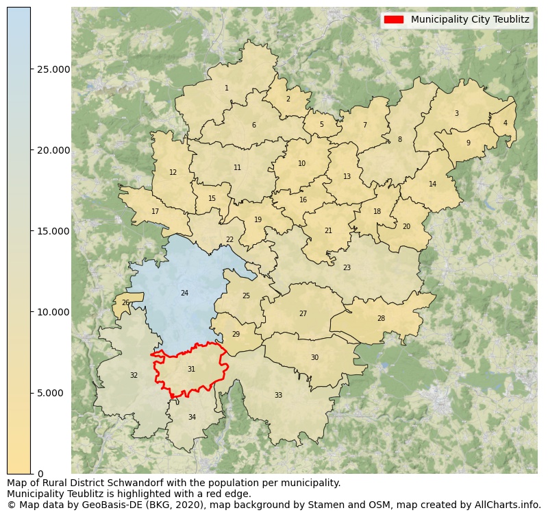 Map of Rural district Schwandorf with the population per municipality.Municipality Teublitz is highlighted with a red edge.. This page shows a lot of information about residents (such as the distribution by age groups, family composition, gender, native or German with an immigration background, ...), homes (numbers, types, price development, use, type of property, ...) and more (car ownership, energy consumption, ...) based on open data from the German Federal Agency for Cartography, the Federal Statistical Office (DESTATIS), the Regional Statistical Offices and various other sources!