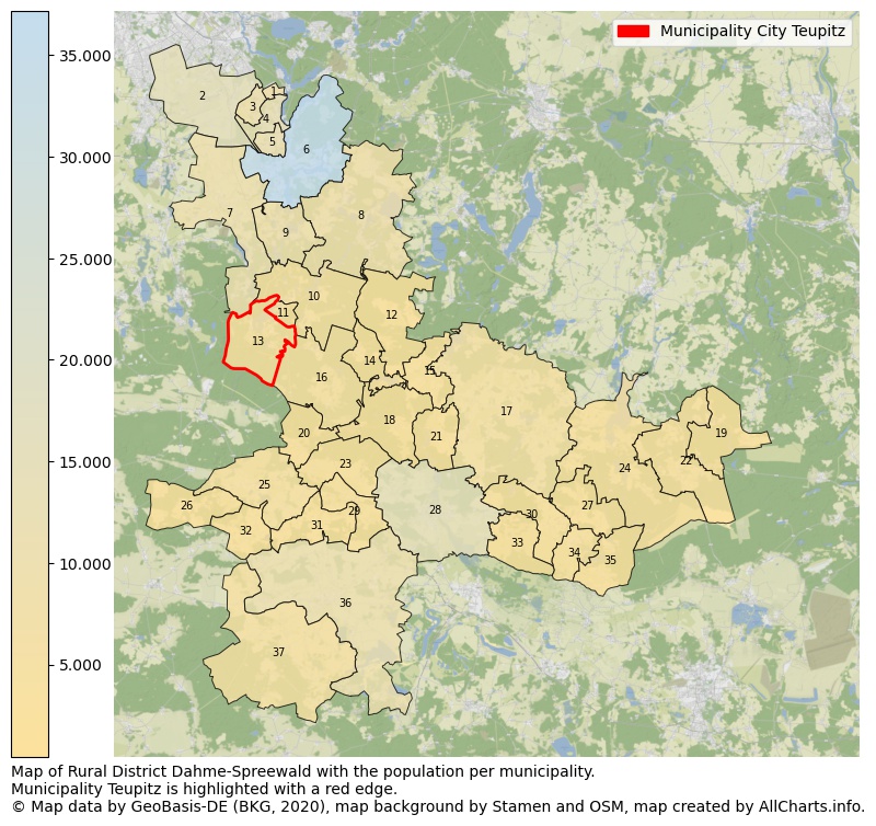 Map of Rural district Dahme-Spreewald with the population per municipality.Municipality Teupitz is highlighted with a red edge.. This page shows a lot of information about residents (such as the distribution by age groups, family composition, gender, native or German with an immigration background, ...), homes (numbers, types, price development, use, type of property, ...) and more (car ownership, energy consumption, ...) based on open data from the German Federal Agency for Cartography, the Federal Statistical Office (DESTATIS), the Regional Statistical Offices and various other sources!