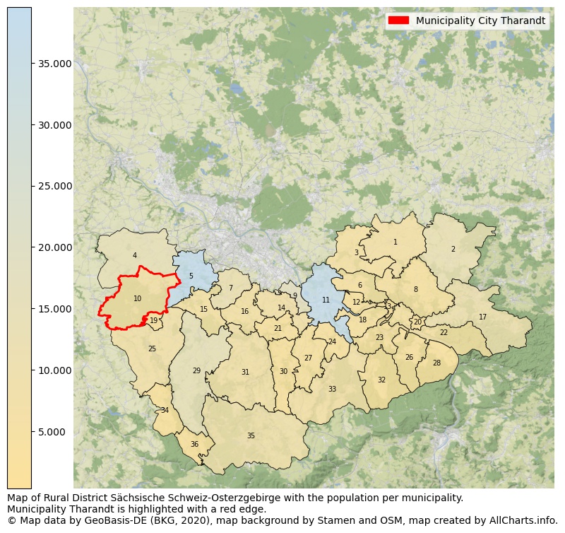 Map of Rural district Sächsische Schweiz-Osterzgebirge with the population per municipality.Municipality Tharandt is highlighted with a red edge.. This page shows a lot of information about residents (such as the distribution by age groups, family composition, gender, native or German with an immigration background, ...), homes (numbers, types, price development, use, type of property, ...) and more (car ownership, energy consumption, ...) based on open data from the German Federal Agency for Cartography, the Federal Statistical Office (DESTATIS), the Regional Statistical Offices and various other sources!