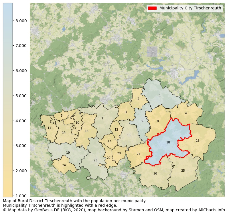 Map of Rural district Tirschenreuth with the population per municipality.Municipality Tirschenreuth is highlighted with a red edge.. This page shows a lot of information about residents (such as the distribution by age groups, family composition, gender, native or German with an immigration background, ...), homes (numbers, types, price development, use, type of property, ...) and more (car ownership, energy consumption, ...) based on open data from the German Federal Agency for Cartography, the Federal Statistical Office (DESTATIS), the Regional Statistical Offices and various other sources!