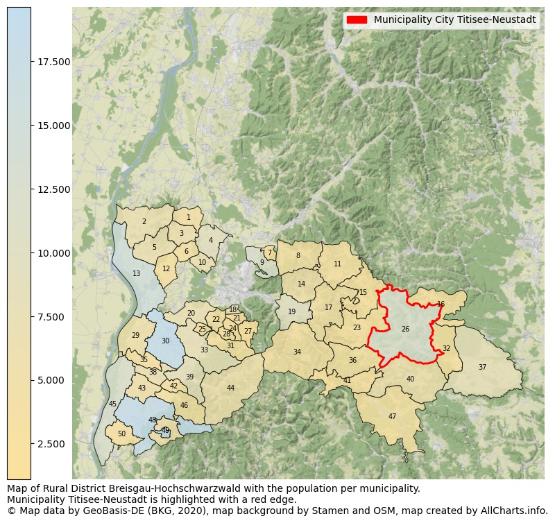 Map of Rural district Breisgau-Hochschwarzwald with the population per municipality.Municipality Titisee-Neustadt is highlighted with a red edge.. This page shows a lot of information about residents (such as the distribution by age groups, family composition, gender, native or German with an immigration background, ...), homes (numbers, types, price development, use, type of property, ...) and more (car ownership, energy consumption, ...) based on open data from the German Federal Agency for Cartography, the Federal Statistical Office (DESTATIS), the Regional Statistical Offices and various other sources!