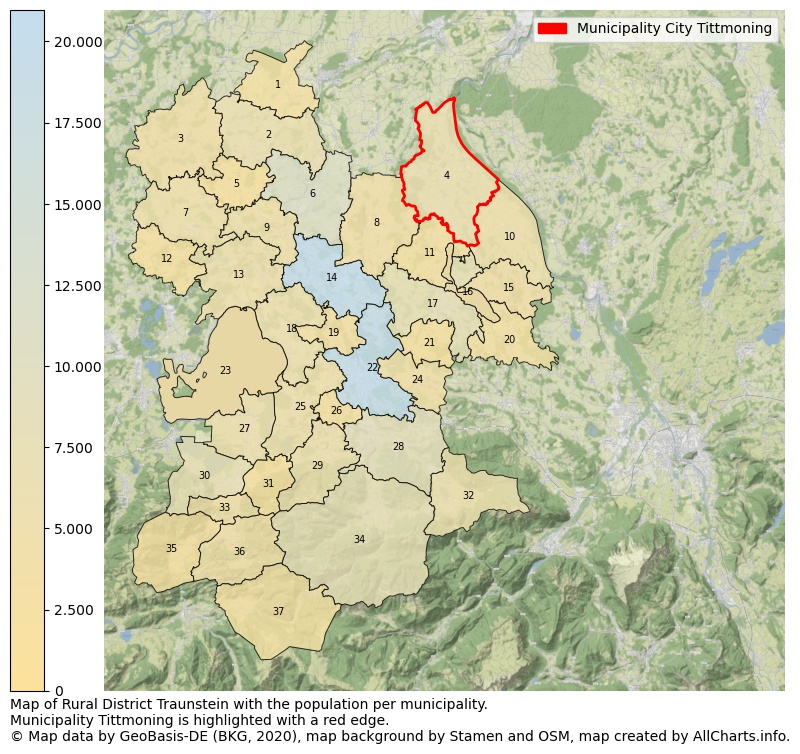 Map of Rural district Traunstein with the population per municipality.Municipality Tittmoning is highlighted with a red edge.. This page shows a lot of information about residents (such as the distribution by age groups, family composition, gender, native or German with an immigration background, ...), homes (numbers, types, price development, use, type of property, ...) and more (car ownership, energy consumption, ...) based on open data from the German Federal Agency for Cartography, the Federal Statistical Office (DESTATIS), the Regional Statistical Offices and various other sources!