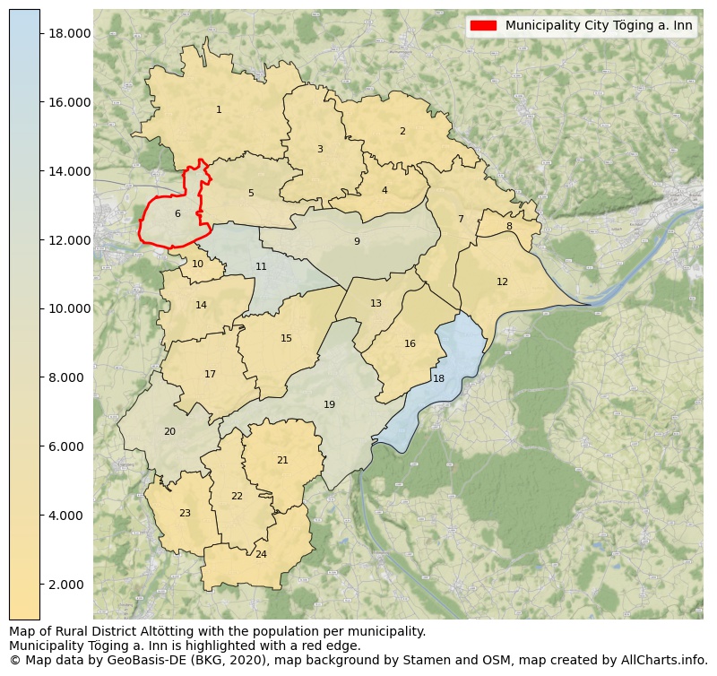 Map of Rural district Altötting with the population per municipality.Municipality Töging a. Inn is highlighted with a red edge.. This page shows a lot of information about residents (such as the distribution by age groups, family composition, gender, native or German with an immigration background, ...), homes (numbers, types, price development, use, type of property, ...) and more (car ownership, energy consumption, ...) based on open data from the German Federal Agency for Cartography, the Federal Statistical Office (DESTATIS), the Regional Statistical Offices and various other sources!