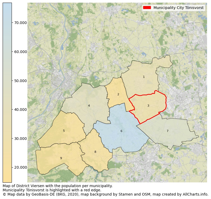 Map of District Viersen with the population per municipality.Municipality Tönisvorst is highlighted with a red edge.. This page shows a lot of information about residents (such as the distribution by age groups, family composition, gender, native or German with an immigration background, ...), homes (numbers, types, price development, use, type of property, ...) and more (car ownership, energy consumption, ...) based on open data from the German Federal Agency for Cartography, the Federal Statistical Office (DESTATIS), the Regional Statistical Offices and various other sources!
