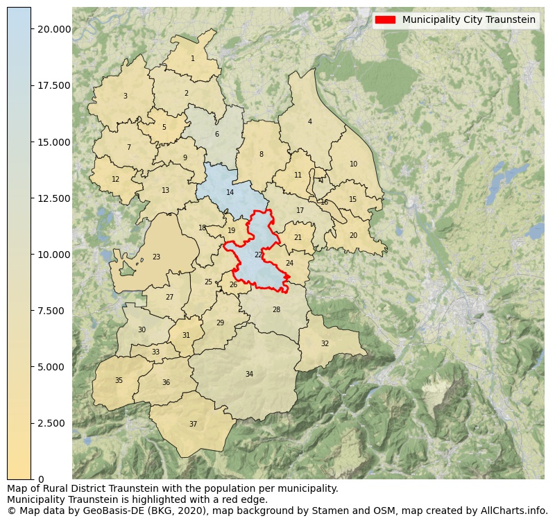 Map of Rural district Traunstein with the population per municipality.Municipality Traunstein is highlighted with a red edge.. This page shows a lot of information about residents (such as the distribution by age groups, family composition, gender, native or German with an immigration background, ...), homes (numbers, types, price development, use, type of property, ...) and more (car ownership, energy consumption, ...) based on open data from the German Federal Agency for Cartography, the Federal Statistical Office (DESTATIS), the Regional Statistical Offices and various other sources!