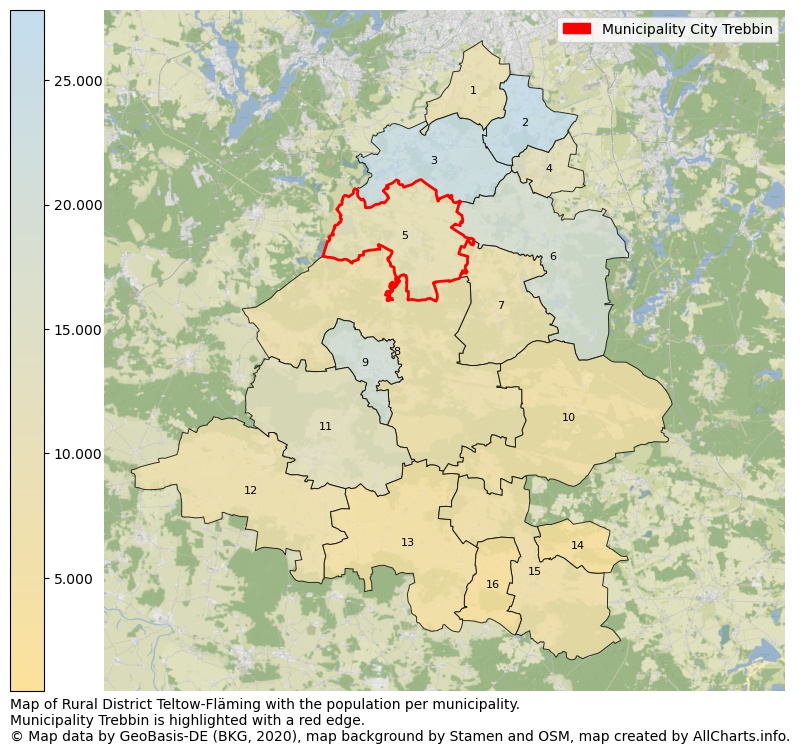 Map of Rural district Teltow-Fläming with the population per municipality.Municipality Trebbin is highlighted with a red edge.. This page shows a lot of information about residents (such as the distribution by age groups, family composition, gender, native or German with an immigration background, ...), homes (numbers, types, price development, use, type of property, ...) and more (car ownership, energy consumption, ...) based on open data from the German Federal Agency for Cartography, the Federal Statistical Office (DESTATIS), the Regional Statistical Offices and various other sources!