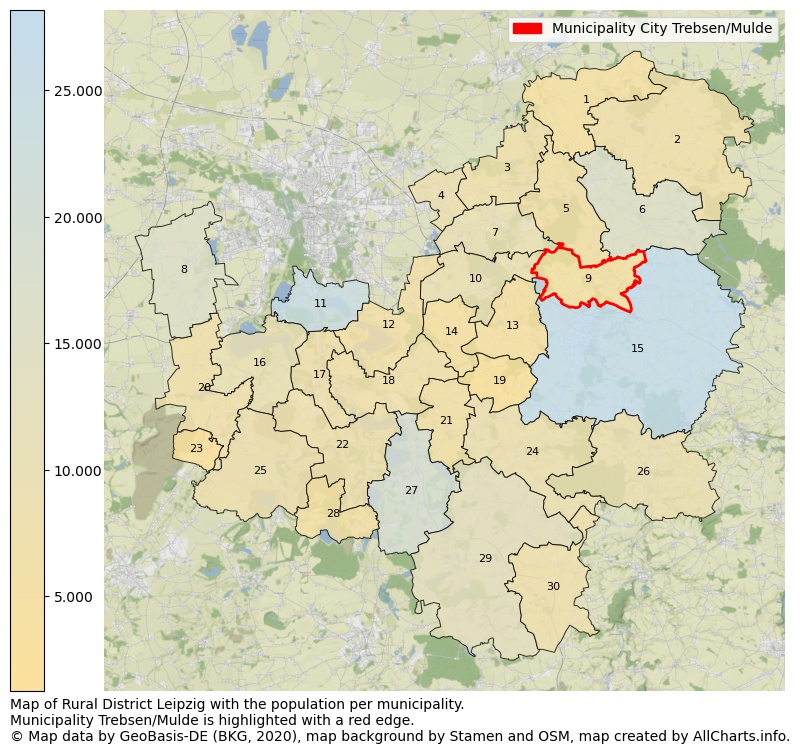 Map of Rural district Leipzig with the population per municipality.Municipality Trebsen/Mulde is highlighted with a red edge.. This page shows a lot of information about residents (such as the distribution by age groups, family composition, gender, native or German with an immigration background, ...), homes (numbers, types, price development, use, type of property, ...) and more (car ownership, energy consumption, ...) based on open data from the German Federal Agency for Cartography, the Federal Statistical Office (DESTATIS), the Regional Statistical Offices and various other sources!