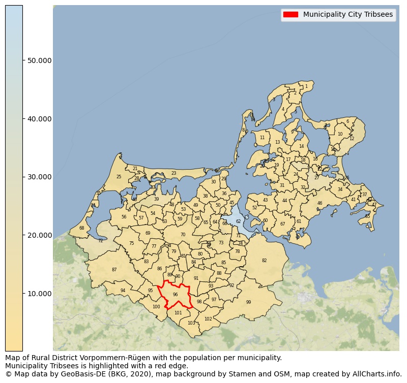 Map of Rural district Vorpommern-Rügen with the population per municipality.Municipality Tribsees is highlighted with a red edge.. This page shows a lot of information about residents (such as the distribution by age groups, family composition, gender, native or German with an immigration background, ...), homes (numbers, types, price development, use, type of property, ...) and more (car ownership, energy consumption, ...) based on open data from the German Federal Agency for Cartography, the Federal Statistical Office (DESTATIS), the Regional Statistical Offices and various other sources!