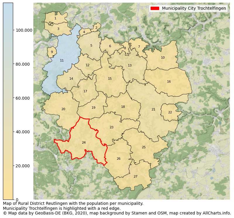 Map of Rural district Reutlingen with the population per municipality.Municipality Trochtelfingen is highlighted with a red edge.. This page shows a lot of information about residents (such as the distribution by age groups, family composition, gender, native or German with an immigration background, ...), homes (numbers, types, price development, use, type of property, ...) and more (car ownership, energy consumption, ...) based on open data from the German Federal Agency for Cartography, the Federal Statistical Office (DESTATIS), the Regional Statistical Offices and various other sources!
