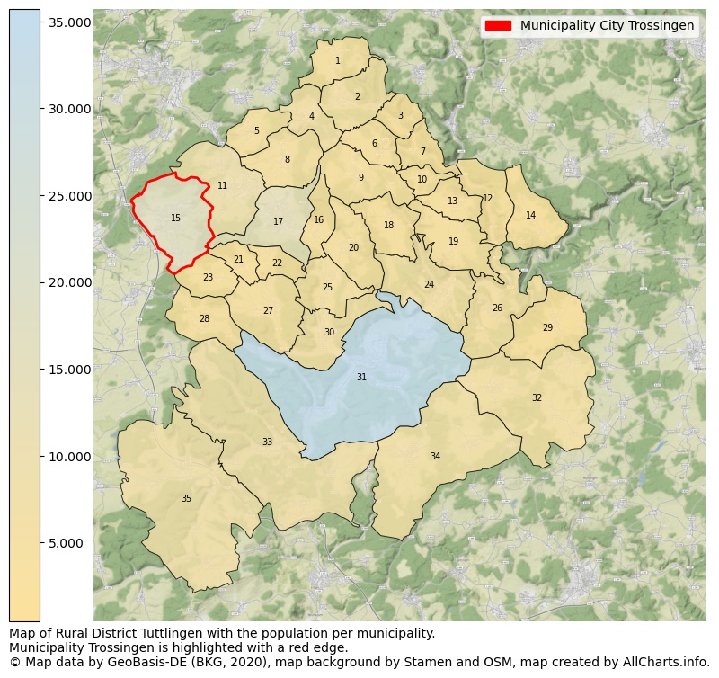 Map of Rural district Tuttlingen with the population per municipality.Municipality Trossingen is highlighted with a red edge.. This page shows a lot of information about residents (such as the distribution by age groups, family composition, gender, native or German with an immigration background, ...), homes (numbers, types, price development, use, type of property, ...) and more (car ownership, energy consumption, ...) based on open data from the German Federal Agency for Cartography, the Federal Statistical Office (DESTATIS), the Regional Statistical Offices and various other sources!