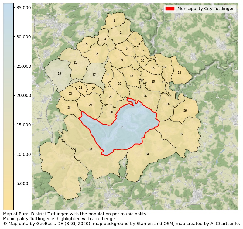 Map of Rural district Tuttlingen with the population per municipality.Municipality Tuttlingen is highlighted with a red edge.. This page shows a lot of information about residents (such as the distribution by age groups, family composition, gender, native or German with an immigration background, ...), homes (numbers, types, price development, use, type of property, ...) and more (car ownership, energy consumption, ...) based on open data from the German Federal Agency for Cartography, the Federal Statistical Office (DESTATIS), the Regional Statistical Offices and various other sources!