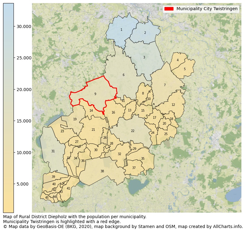 Map of Rural district Diepholz with the population per municipality.Municipality Twistringen is highlighted with a red edge.. This page shows a lot of information about residents (such as the distribution by age groups, family composition, gender, native or German with an immigration background, ...), homes (numbers, types, price development, use, type of property, ...) and more (car ownership, energy consumption, ...) based on open data from the German Federal Agency for Cartography, the Federal Statistical Office (DESTATIS), the Regional Statistical Offices and various other sources!