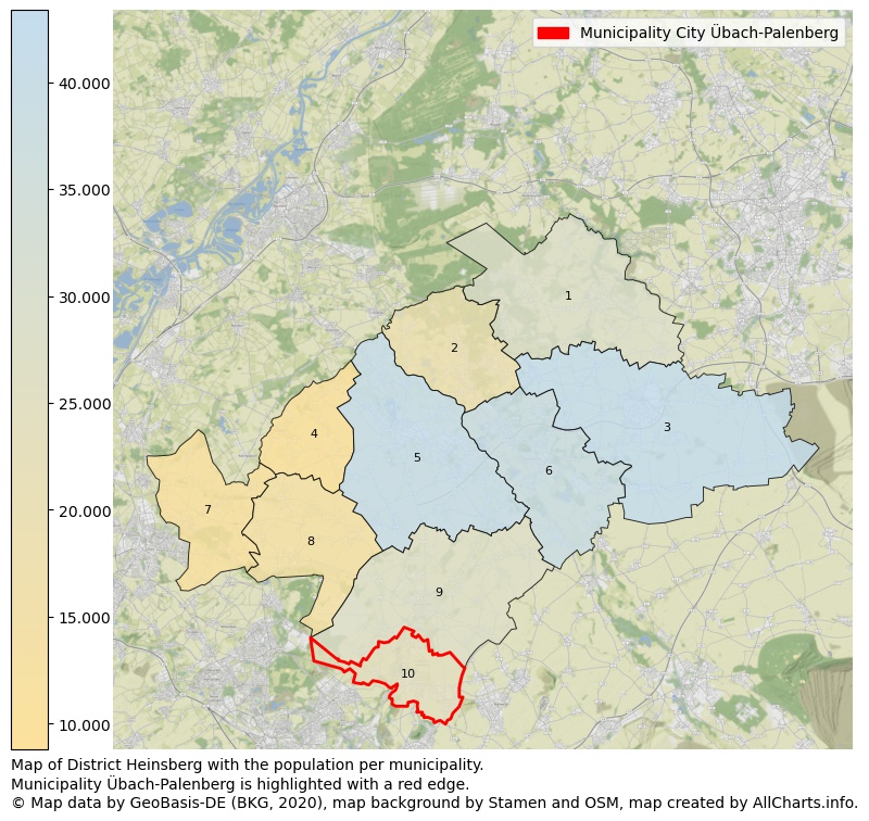 Map of District Heinsberg with the population per municipality.Municipality Übach-Palenberg is highlighted with a red edge.. This page shows a lot of information about residents (such as the distribution by age groups, family composition, gender, native or German with an immigration background, ...), homes (numbers, types, price development, use, type of property, ...) and more (car ownership, energy consumption, ...) based on open data from the German Federal Agency for Cartography, the Federal Statistical Office (DESTATIS), the Regional Statistical Offices and various other sources!