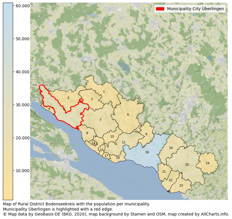 Map of Rural district Bodenseekreis with the population per municipality.Municipality Überlingen is highlighted with a red edge.. This page shows a lot of information about residents (such as the distribution by age groups, family composition, gender, native or German with an immigration background, ...), homes (numbers, types, price development, use, type of property, ...) and more (car ownership, energy consumption, ...) based on open data from the German Federal Agency for Cartography, the Federal Statistical Office (DESTATIS), the Regional Statistical Offices and various other sources!