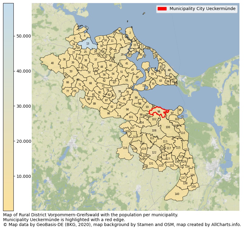 Map of Rural district Vorpommern-Greifswald with the population per municipality.Municipality Ueckermünde is highlighted with a red edge.. This page shows a lot of information about residents (such as the distribution by age groups, family composition, gender, native or German with an immigration background, ...), homes (numbers, types, price development, use, type of property, ...) and more (car ownership, energy consumption, ...) based on open data from the German Federal Agency for Cartography, the Federal Statistical Office (DESTATIS), the Regional Statistical Offices and various other sources!