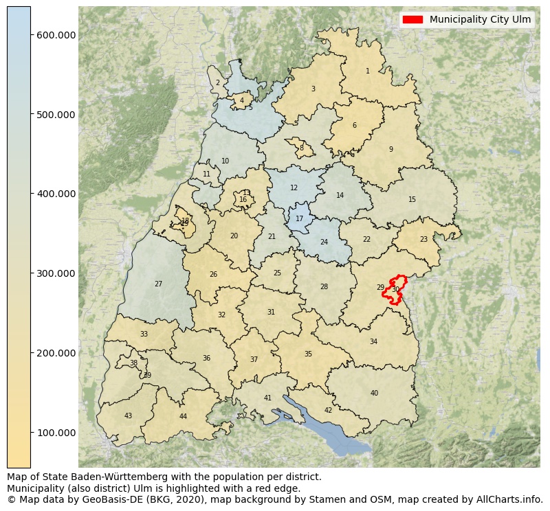 Map of State Baden-Württemberg with the population per district.Municipality (also district) Ulm is highlighted with a red edge.. This page shows a lot of information about residents (such as the distribution by age groups, family composition, gender, native or German with an immigration background, ...), homes (numbers, types, price development, use, type of property, ...) and more (car ownership, energy consumption, ...) based on open data from the German Federal Agency for Cartography, the Federal Statistical Office (DESTATIS), the Regional Statistical Offices and various other sources!
