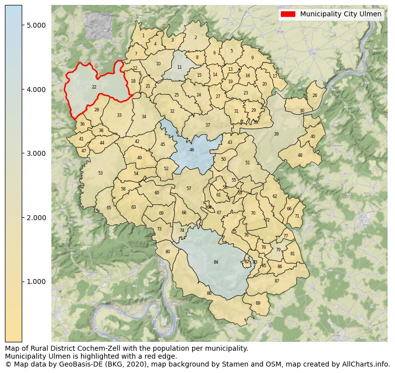 Map of Rural district Cochem-Zell with the population per municipality.Municipality Ulmen is highlighted with a red edge.. This page shows a lot of information about residents (such as the distribution by age groups, family composition, gender, native or German with an immigration background, ...), homes (numbers, types, price development, use, type of property, ...) and more (car ownership, energy consumption, ...) based on open data from the German Federal Agency for Cartography, the Federal Statistical Office (DESTATIS), the Regional Statistical Offices and various other sources!