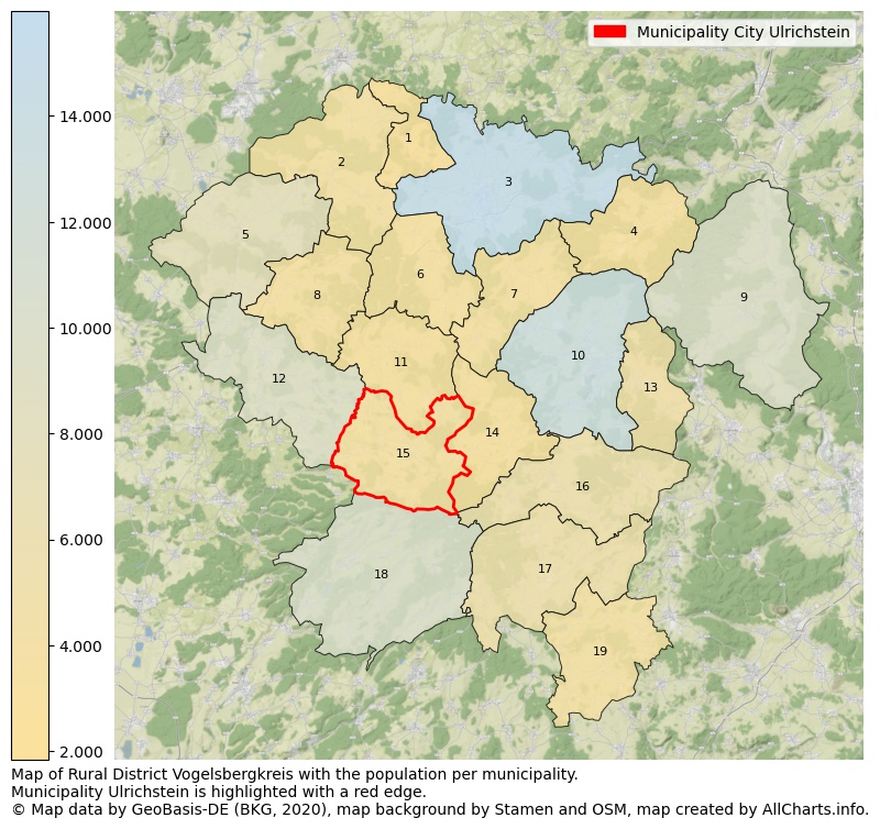 Map of Rural district Vogelsbergkreis with the population per municipality.Municipality Ulrichstein is highlighted with a red edge.. This page shows a lot of information about residents (such as the distribution by age groups, family composition, gender, native or German with an immigration background, ...), homes (numbers, types, price development, use, type of property, ...) and more (car ownership, energy consumption, ...) based on open data from the German Federal Agency for Cartography, the Federal Statistical Office (DESTATIS), the Regional Statistical Offices and various other sources!