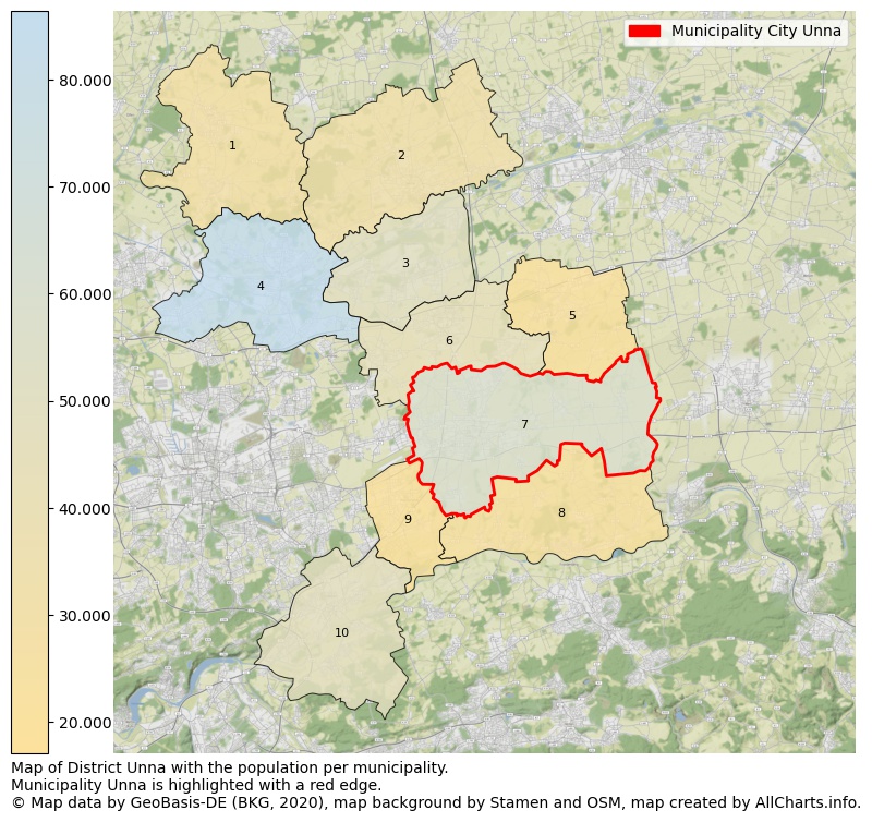 Map of District Unna with the population per municipality.Municipality Unna is highlighted with a red edge.. This page shows a lot of information about residents (such as the distribution by age groups, family composition, gender, native or German with an immigration background, ...), homes (numbers, types, price development, use, type of property, ...) and more (car ownership, energy consumption, ...) based on open data from the German Federal Agency for Cartography, the Federal Statistical Office (DESTATIS), the Regional Statistical Offices and various other sources!