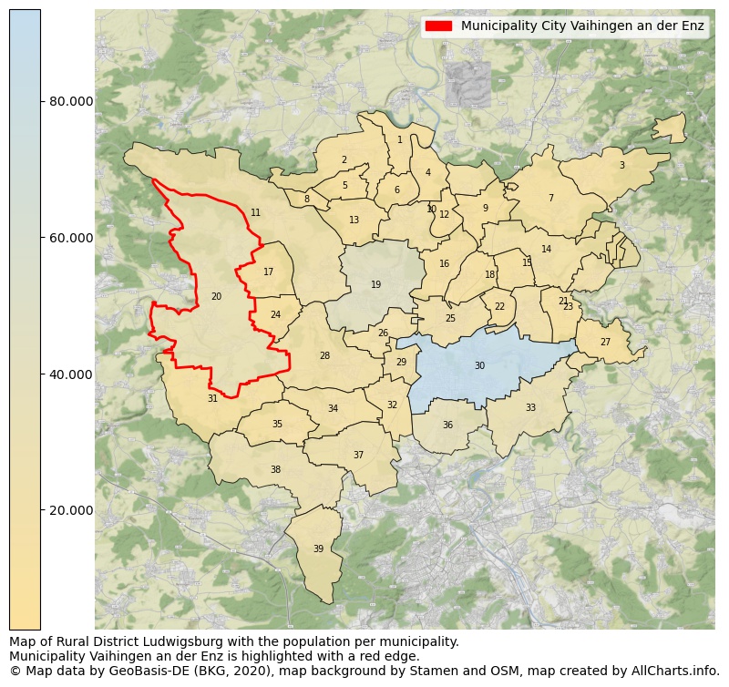Map of Rural district Ludwigsburg with the population per municipality.Municipality Vaihingen an der Enz is highlighted with a red edge.. This page shows a lot of information about residents (such as the distribution by age groups, family composition, gender, native or German with an immigration background, ...), homes (numbers, types, price development, use, type of property, ...) and more (car ownership, energy consumption, ...) based on open data from the German Federal Agency for Cartography, the Federal Statistical Office (DESTATIS), the Regional Statistical Offices and various other sources!