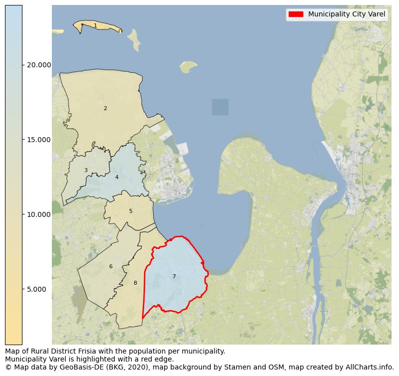 Map of Rural district Frisia with the population per municipality.Municipality Varel is highlighted with a red edge.. This page shows a lot of information about residents (such as the distribution by age groups, family composition, gender, native or German with an immigration background, ...), homes (numbers, types, price development, use, type of property, ...) and more (car ownership, energy consumption, ...) based on open data from the German Federal Agency for Cartography, the Federal Statistical Office (DESTATIS), the Regional Statistical Offices and various other sources!