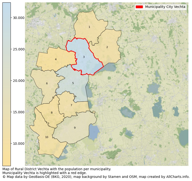 Map of Rural district Vechta with the population per municipality.Municipality Vechta is highlighted with a red edge.. This page shows a lot of information about residents (such as the distribution by age groups, family composition, gender, native or German with an immigration background, ...), homes (numbers, types, price development, use, type of property, ...) and more (car ownership, energy consumption, ...) based on open data from the German Federal Agency for Cartography, the Federal Statistical Office (DESTATIS), the Regional Statistical Offices and various other sources!