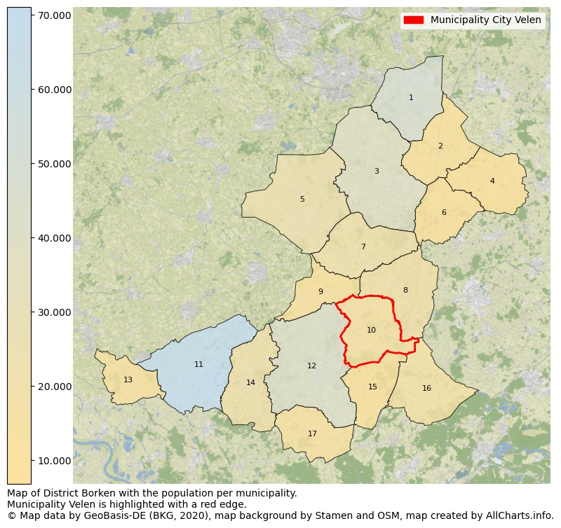 Map of District Borken with the population per municipality.Municipality Velen is highlighted with a red edge.. This page shows a lot of information about residents (such as the distribution by age groups, family composition, gender, native or German with an immigration background, ...), homes (numbers, types, price development, use, type of property, ...) and more (car ownership, energy consumption, ...) based on open data from the German Federal Agency for Cartography, the Federal Statistical Office (DESTATIS), the Regional Statistical Offices and various other sources!
