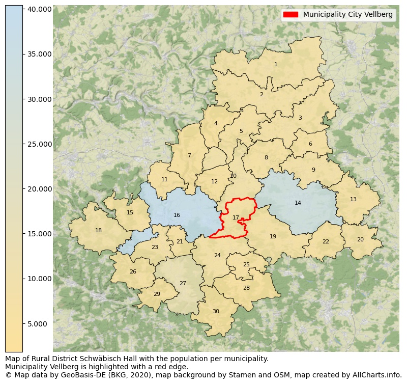 Map of Rural district Schwäbisch Hall with the population per municipality.Municipality Vellberg is highlighted with a red edge.. This page shows a lot of information about residents (such as the distribution by age groups, family composition, gender, native or German with an immigration background, ...), homes (numbers, types, price development, use, type of property, ...) and more (car ownership, energy consumption, ...) based on open data from the German Federal Agency for Cartography, the Federal Statistical Office (DESTATIS), the Regional Statistical Offices and various other sources!