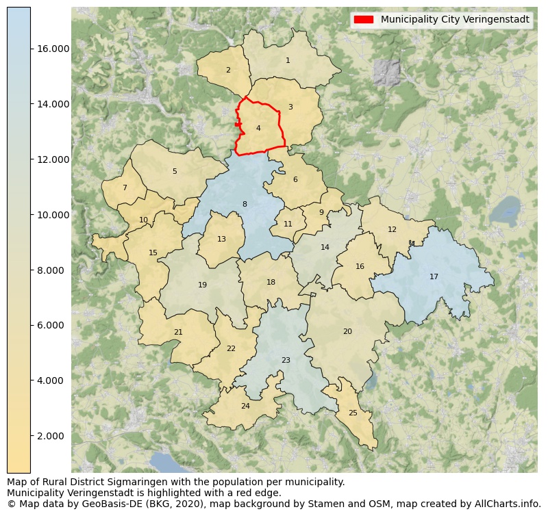 Map of Rural district Sigmaringen with the population per municipality.Municipality Veringenstadt is highlighted with a red edge.. This page shows a lot of information about residents (such as the distribution by age groups, family composition, gender, native or German with an immigration background, ...), homes (numbers, types, price development, use, type of property, ...) and more (car ownership, energy consumption, ...) based on open data from the German Federal Agency for Cartography, the Federal Statistical Office (DESTATIS), the Regional Statistical Offices and various other sources!