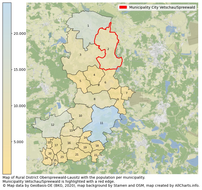 Map of Rural district Oberspreewald-Lausitz with the population per municipality.Municipality Vetschau/Spreewald is highlighted with a red edge.. This page shows a lot of information about residents (such as the distribution by age groups, family composition, gender, native or German with an immigration background, ...), homes (numbers, types, price development, use, type of property, ...) and more (car ownership, energy consumption, ...) based on open data from the German Federal Agency for Cartography, the Federal Statistical Office (DESTATIS), the Regional Statistical Offices and various other sources!