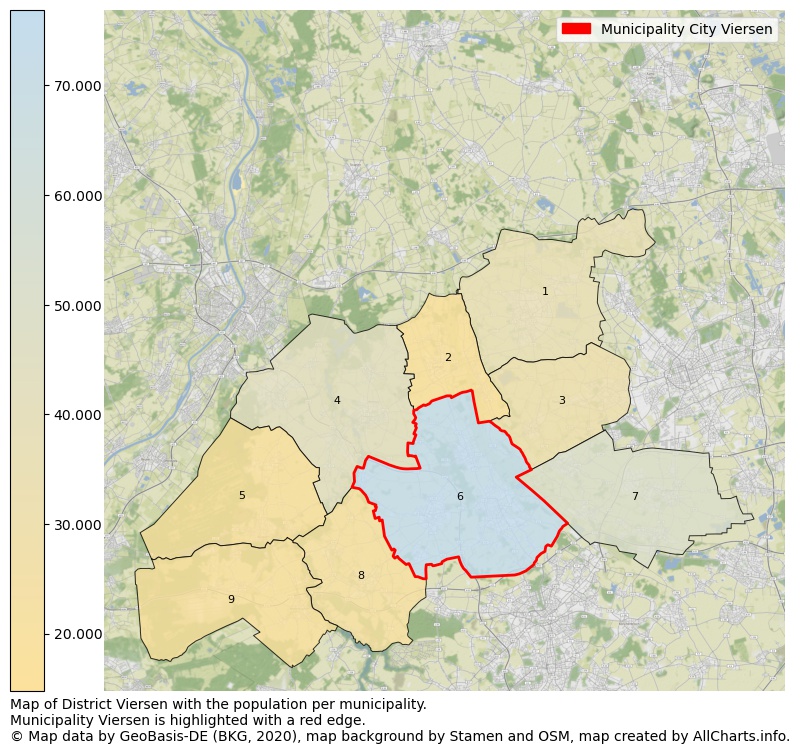 Map of District Viersen with the population per municipality.Municipality Viersen is highlighted with a red edge.. This page shows a lot of information about residents (such as the distribution by age groups, family composition, gender, native or German with an immigration background, ...), homes (numbers, types, price development, use, type of property, ...) and more (car ownership, energy consumption, ...) based on open data from the German Federal Agency for Cartography, the Federal Statistical Office (DESTATIS), the Regional Statistical Offices and various other sources!
