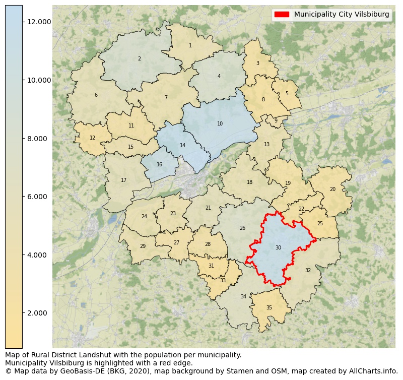Map of Rural district Landshut with the population per municipality.Municipality Vilsbiburg is highlighted with a red edge.. This page shows a lot of information about residents (such as the distribution by age groups, family composition, gender, native or German with an immigration background, ...), homes (numbers, types, price development, use, type of property, ...) and more (car ownership, energy consumption, ...) based on open data from the German Federal Agency for Cartography, the Federal Statistical Office (DESTATIS), the Regional Statistical Offices and various other sources!