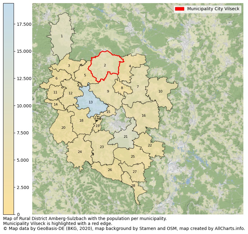 Map of Rural district Amberg-Sulzbach with the population per municipality.Municipality Vilseck is highlighted with a red edge.. This page shows a lot of information about residents (such as the distribution by age groups, family composition, gender, native or German with an immigration background, ...), homes (numbers, types, price development, use, type of property, ...) and more (car ownership, energy consumption, ...) based on open data from the German Federal Agency for Cartography, the Federal Statistical Office (DESTATIS), the Regional Statistical Offices and various other sources!
