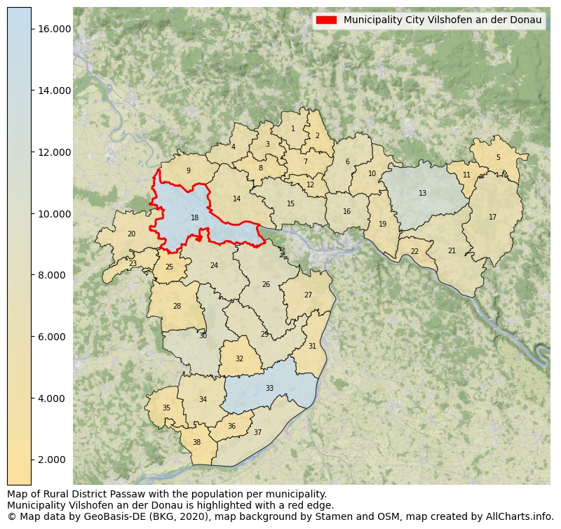 Map of Rural district Passaw with the population per municipality.Municipality Vilshofen an der Donau is highlighted with a red edge.. This page shows a lot of information about residents (such as the distribution by age groups, family composition, gender, native or German with an immigration background, ...), homes (numbers, types, price development, use, type of property, ...) and more (car ownership, energy consumption, ...) based on open data from the German Federal Agency for Cartography, the Federal Statistical Office (DESTATIS), the Regional Statistical Offices and various other sources!