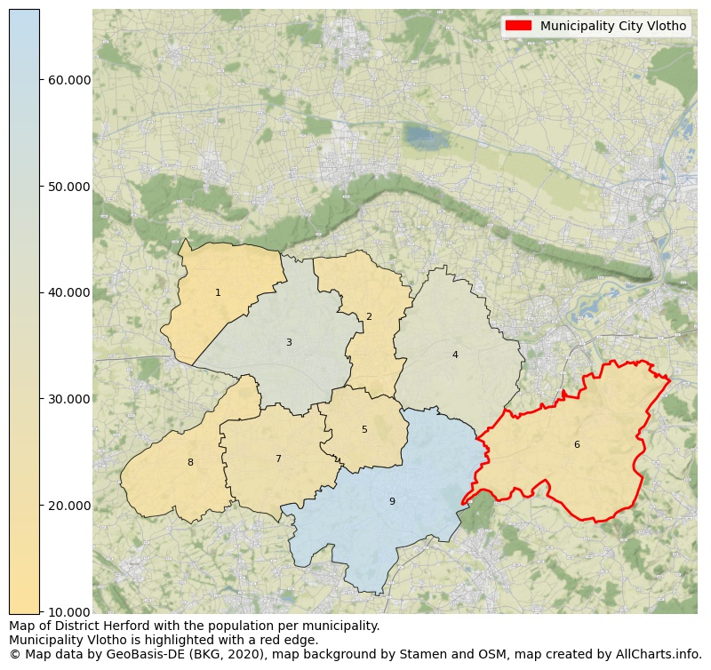 Map of District Herford with the population per municipality.Municipality Vlotho is highlighted with a red edge.. This page shows a lot of information about residents (such as the distribution by age groups, family composition, gender, native or German with an immigration background, ...), homes (numbers, types, price development, use, type of property, ...) and more (car ownership, energy consumption, ...) based on open data from the German Federal Agency for Cartography, the Federal Statistical Office (DESTATIS), the Regional Statistical Offices and various other sources!