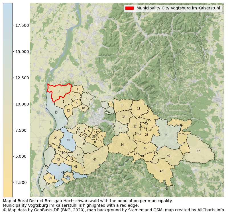 Map of Rural district Breisgau-Hochschwarzwald with the population per municipality.Municipality Vogtsburg im Kaiserstuhl is highlighted with a red edge.. This page shows a lot of information about residents (such as the distribution by age groups, family composition, gender, native or German with an immigration background, ...), homes (numbers, types, price development, use, type of property, ...) and more (car ownership, energy consumption, ...) based on open data from the German Federal Agency for Cartography, the Federal Statistical Office (DESTATIS), the Regional Statistical Offices and various other sources!
