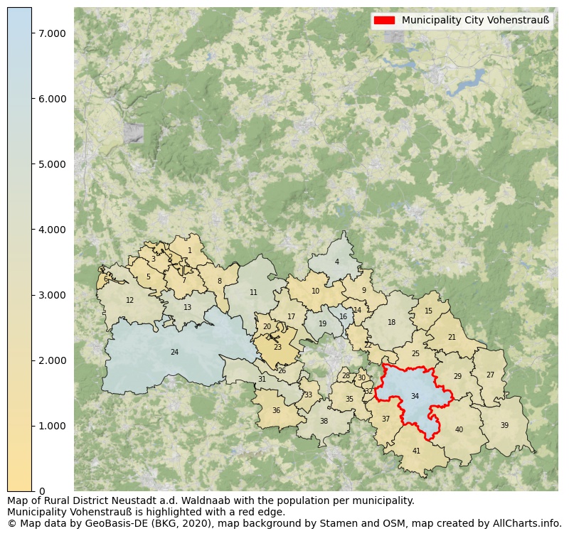 Map of Rural district Neustadt a.d. Waldnaab with the population per municipality.Municipality Vohenstrauß is highlighted with a red edge.. This page shows a lot of information about residents (such as the distribution by age groups, family composition, gender, native or German with an immigration background, ...), homes (numbers, types, price development, use, type of property, ...) and more (car ownership, energy consumption, ...) based on open data from the German Federal Agency for Cartography, the Federal Statistical Office (DESTATIS), the Regional Statistical Offices and various other sources!