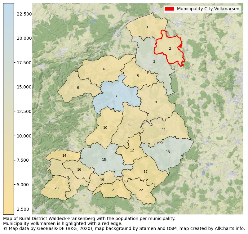 Map of Rural district Waldeck-Frankenberg with the population per municipality.Municipality Volkmarsen is highlighted with a red edge.. This page shows a lot of information about residents (such as the distribution by age groups, family composition, gender, native or German with an immigration background, ...), homes (numbers, types, price development, use, type of property, ...) and more (car ownership, energy consumption, ...) based on open data from the German Federal Agency for Cartography, the Federal Statistical Office (DESTATIS), the Regional Statistical Offices and various other sources!