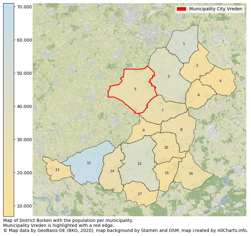 Map of District Borken with the population per municipality.Municipality Vreden is highlighted with a red edge.. This page shows a lot of information about residents (such as the distribution by age groups, family composition, gender, native or German with an immigration background, ...), homes (numbers, types, price development, use, type of property, ...) and more (car ownership, energy consumption, ...) based on open data from the German Federal Agency for Cartography, the Federal Statistical Office (DESTATIS), the Regional Statistical Offices and various other sources!