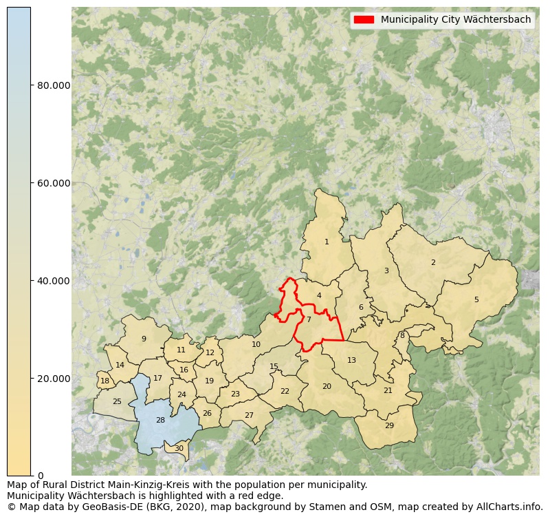 Map of Rural district Main-Kinzig-Kreis with the population per municipality.Municipality Wächtersbach is highlighted with a red edge.. This page shows a lot of information about residents (such as the distribution by age groups, family composition, gender, native or German with an immigration background, ...), homes (numbers, types, price development, use, type of property, ...) and more (car ownership, energy consumption, ...) based on open data from the German Federal Agency for Cartography, the Federal Statistical Office (DESTATIS), the Regional Statistical Offices and various other sources!