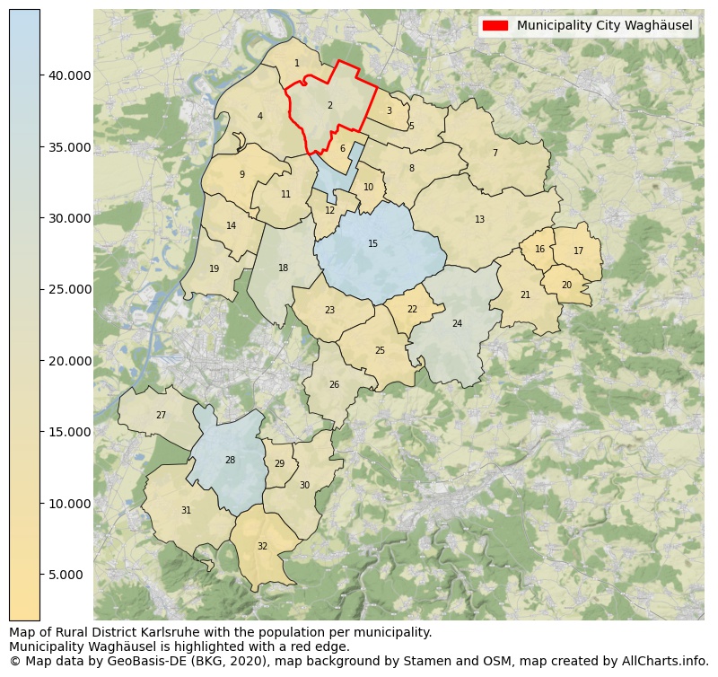 Map of Rural district Karlsruhe with the population per municipality.Municipality Waghäusel is highlighted with a red edge.. This page shows a lot of information about residents (such as the distribution by age groups, family composition, gender, native or German with an immigration background, ...), homes (numbers, types, price development, use, type of property, ...) and more (car ownership, energy consumption, ...) based on open data from the German Federal Agency for Cartography, the Federal Statistical Office (DESTATIS), the Regional Statistical Offices and various other sources!
