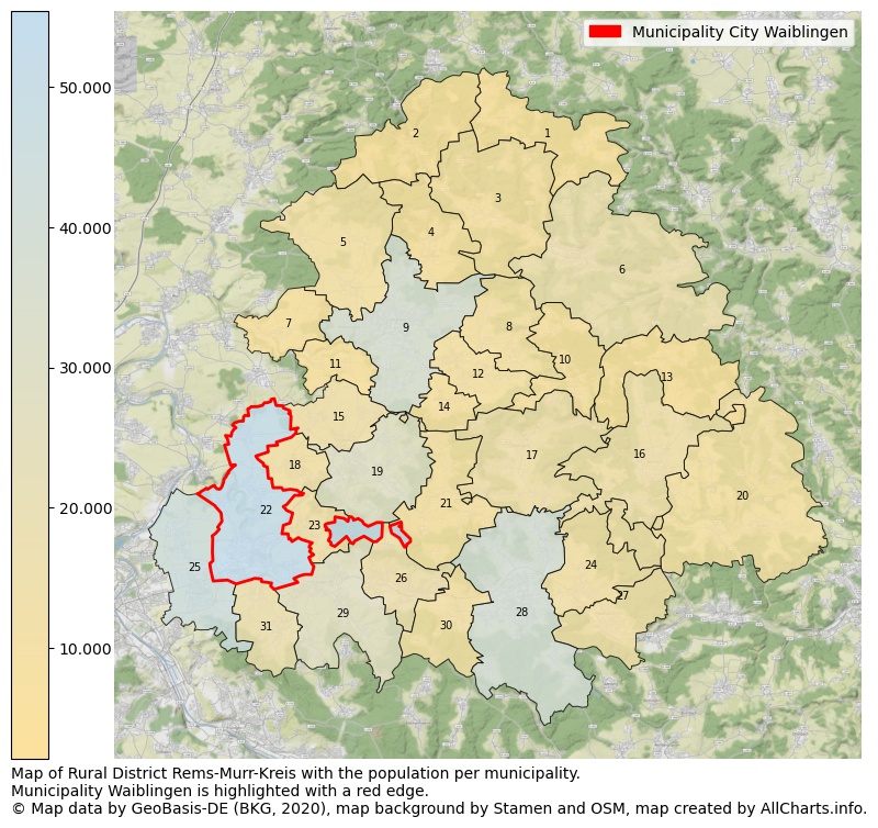 Map of Rural district Rems-Murr-Kreis with the population per municipality.Municipality Waiblingen is highlighted with a red edge.. This page shows a lot of information about residents (such as the distribution by age groups, family composition, gender, native or German with an immigration background, ...), homes (numbers, types, price development, use, type of property, ...) and more (car ownership, energy consumption, ...) based on open data from the German Federal Agency for Cartography, the Federal Statistical Office (DESTATIS), the Regional Statistical Offices and various other sources!