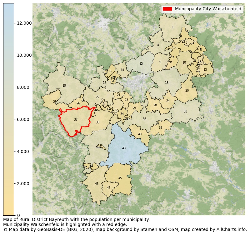 Map of Rural district Bayreuth with the population per municipality.Municipality Waischenfeld is highlighted with a red edge.. This page shows a lot of information about residents (such as the distribution by age groups, family composition, gender, native or German with an immigration background, ...), homes (numbers, types, price development, use, type of property, ...) and more (car ownership, energy consumption, ...) based on open data from the German Federal Agency for Cartography, the Federal Statistical Office (DESTATIS), the Regional Statistical Offices and various other sources!
